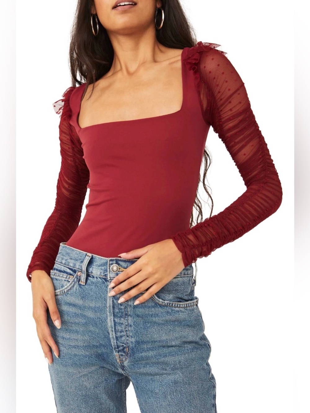 Free People Must Be Love Bodysuit Burgundy Mesh Ruched Sleeve – Size L – New